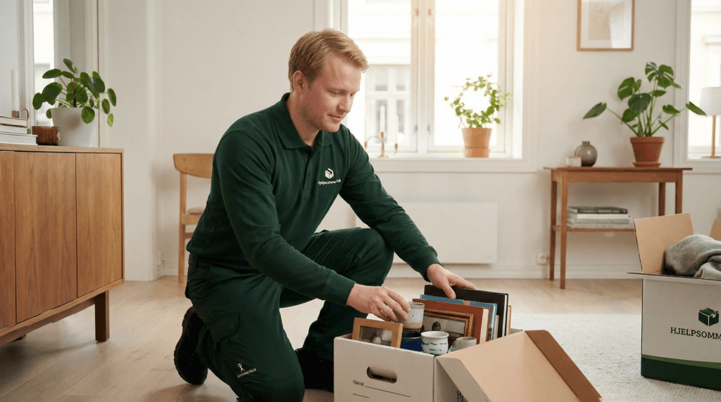 Flyttearbeider pakker forsiktig ned gjenstander i en flytteeske i stue