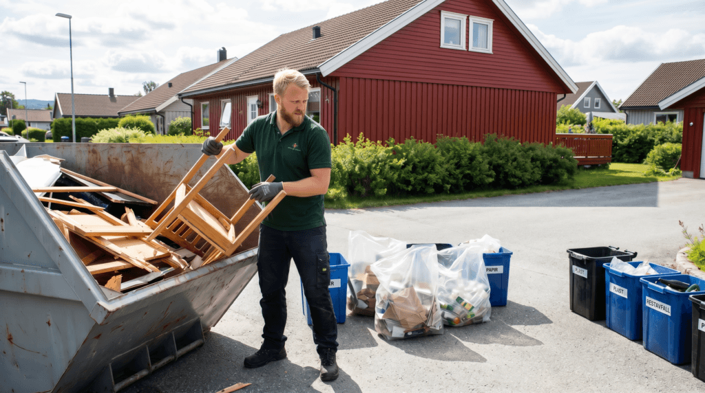 Mann kaster søppel.