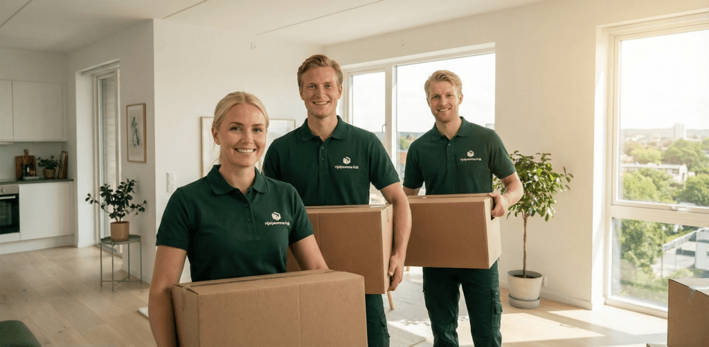 Flyttearbeidere bærer flytteesker inn i bolig som del av flyttetjeneste