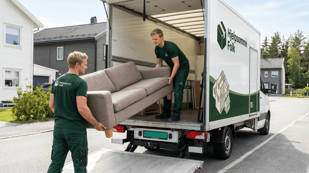 To flyttearbeidere laster en sofa inn i en flyttebil i boligområde